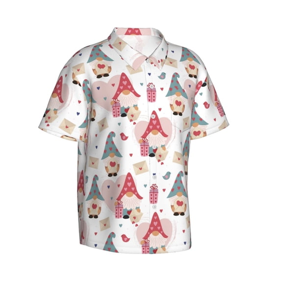 Lsque Gnome With Love Letter pattern Hawaiian Shirt for Men, Unisex Summer Beach Casual Short Sleeve Button Down Shirts-X-Large