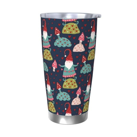 Lsque Gnome With Mushroom Pattern 20oz Car Cup with Lid and Straw, Insulated Coffee Cup with Straw Topper, Spill Proof Travel Coffee Mug, Stainless Steel Tumble-Without Straw