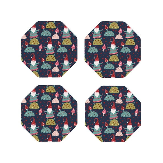 Lsque Gnome With Mushroom Pattern 4" Drink Coasters Set of 4, PVC Leather Absorbent Coasters, Table Coaster Set Decorative Coffee Cup Coasters Housewarming Gift -Octagon
