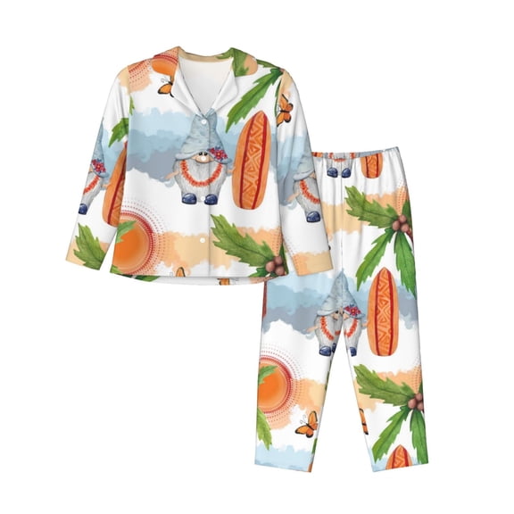 Lsque Gnome and Surfing Pattern Long Sleeve Pajama Set for Women - Soft 2-Piece Sleepwear and Loungewear Set with Pockets, Comfy Nightwear-Small