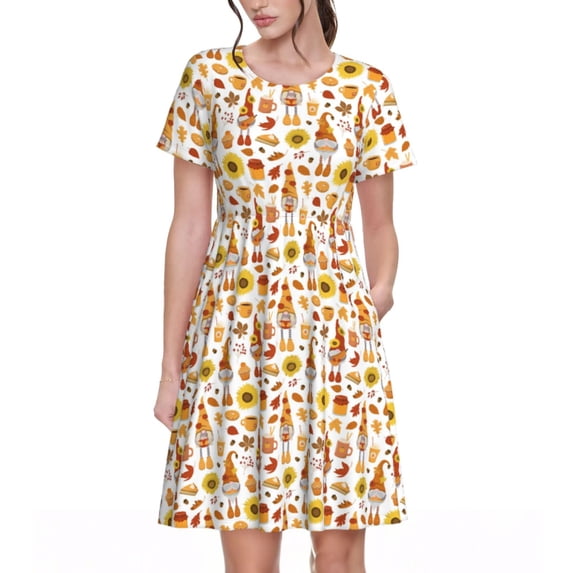 Lsque Gnomes Autumn Harvest Print Women's Casual Dress T-Shirt Summer Short Sleeve Scoop Neck Swing Dresses