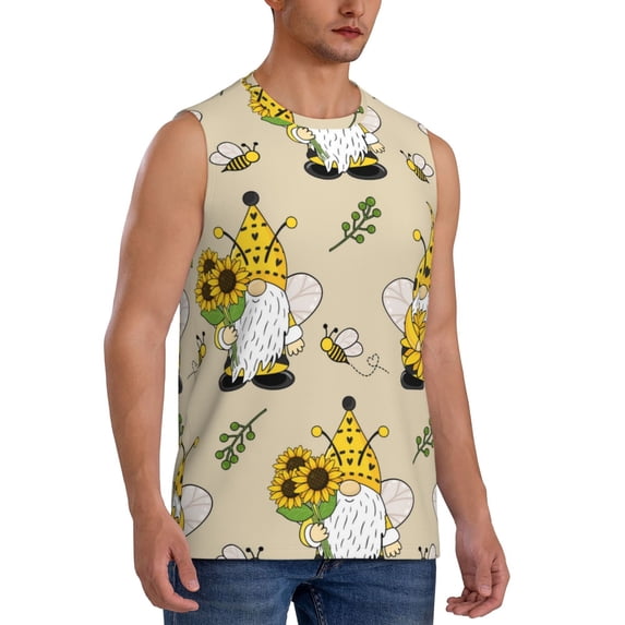 Lsque Gnomes Bees And Sunflowers Print Men's Cotton Blend Sleeveless Muscle Shirts (S-3XL)- Moisture Wicking, Odor Protection, UPF 30+,Large
