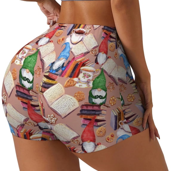 Lsque Gnomes Books Tea Cups Pattern High Waisted Biker Shorts for Women-Tummy Control Fitness Athletic Workout Running Yoga Gym Shorts,Moisture-Wicking-Small