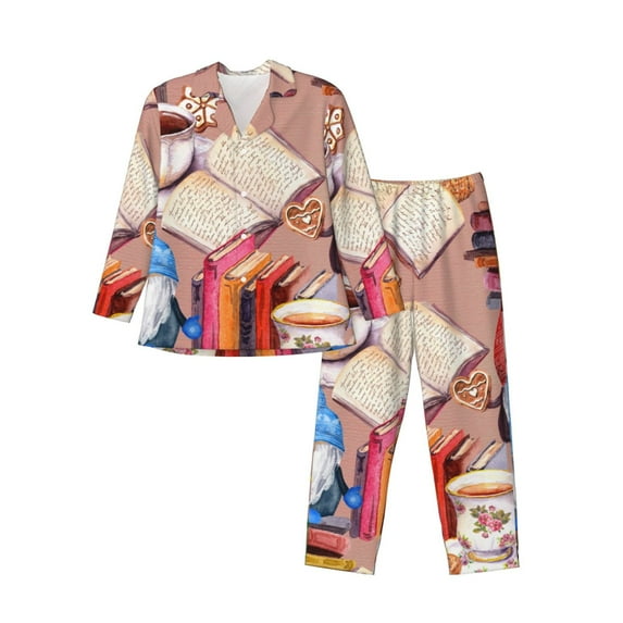 Lsque Gnomes Books Tea Cups Pattern Long Sleeve Pajama Set for Men - Soft 2-Piece Sleepwear and Loungewear Set with Pockets, Comfy Nightwear-Large