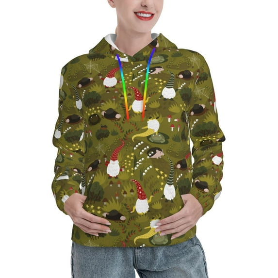Lsque Gnomes Playing in the Garden Pattern Casual Women's Hoodie,Hooded Sweatshirt with Kangaroo Pocket,Pullover Hoodie with Eye-catching Drawstrings-XX-Large