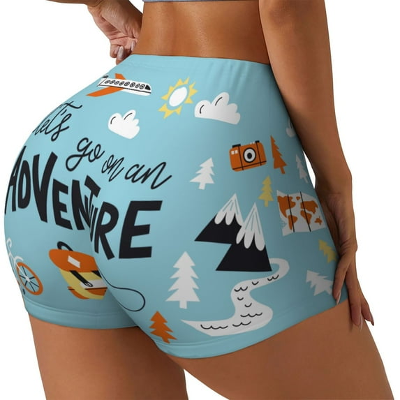 Lsque Let's Go on an Adventure Pattern High Waisted Biker Shorts for Women-Tummy Control Fitness Athletic Workout Running Yoga Gym Shorts,Moisture-Wicking-Medium