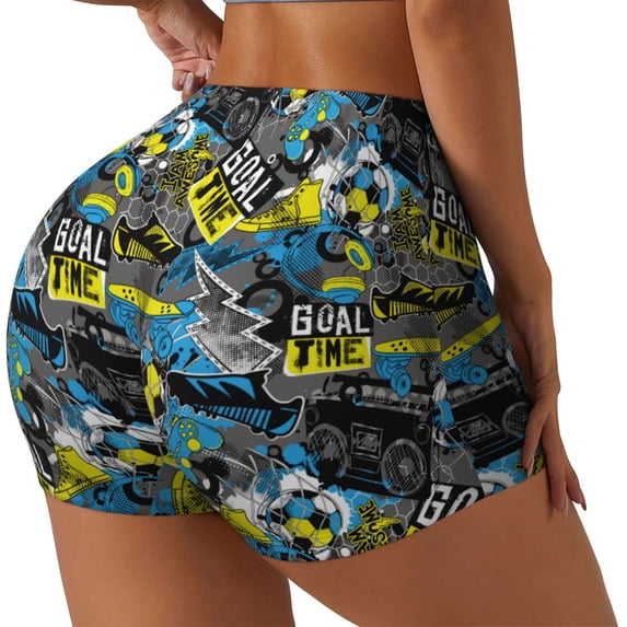 Lsque Goal Time Pattern High Waisted Biker Shorts for Women-Tummy Control Fitness Athletic Workout Running Yoga Gym Shorts,Moisture-Wicking-Small