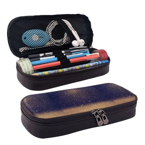 Lsque Gold Black Glitter Printed Big Capacity PU Leather Pencil Case Large Pencil Pouch Stationery Pen Bag Pencil Holder for Teen