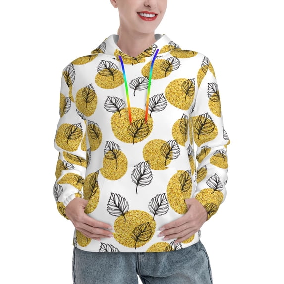 Lsque Gold Dots and Leaves Pattern Casual Women's Hoodie,Hooded Sweatshirt with Kangaroo Pocket,Pullover Hoodie with Eye-catching Drawstrings-X-Large