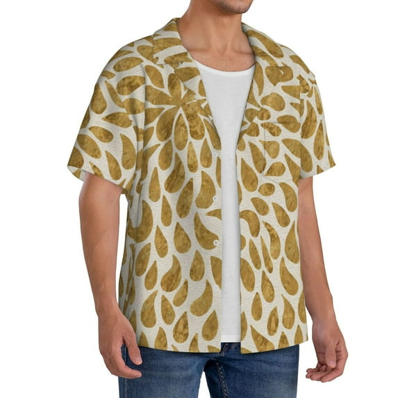 Lsque Gold Drops print Men's Cuban Collar Short Sleeve Shirt Summer Beachwear Casual Button Down Fashionable Vacation Leisure Shirt-Medium