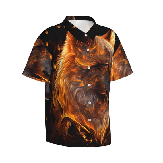 Lsque Gold Flame Pattern Wolf pattern Hawaiian Shirt for Men, Unisex Summer Beach Casual Short Sleeve Button Down Shirts-XX-Large