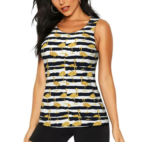 Lsque Gold Flamingo Printed Workout Tank Tops for Women, Athletic Sports Tank Tops, Compression Sleeveless Dry Fit Shirts,Sleeveless Yoga Shirt-XX-Large
