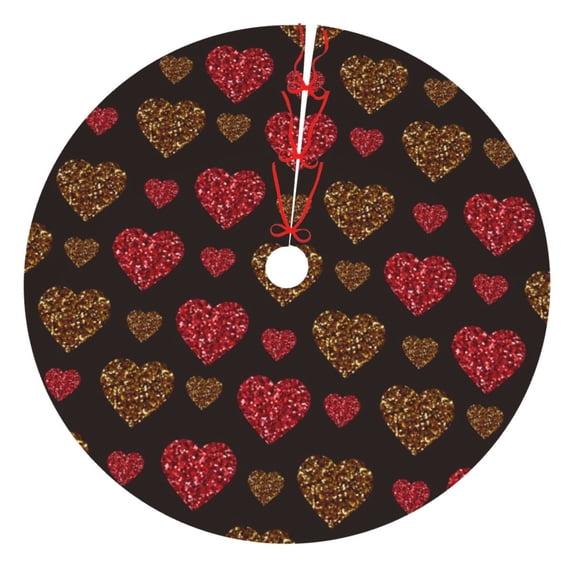 Lsque Gold Glitter Heart Print Christmas Tree Skirt, Tree Skirt with Ties or Velcro, Perfect for Holiday Decorations, Halloween, and New Year-48"