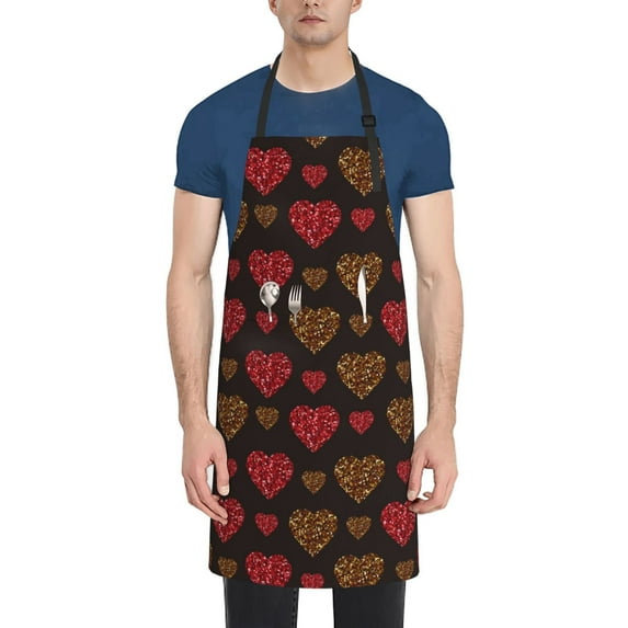 Lsque Gold Glitter Heart Waterproof Apron Chef Aprons for Men Heavy Duty Chemical Work Apron Extra Long Grilling Aprons with Adjustable Bib Apron