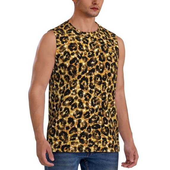 Lsque Gold Glitter Leopard Print Men's Cotton Blend Sleeveless Muscle Shirts (S-3XL)- Moisture Wicking, Odor Protection, UPF 30+,Small