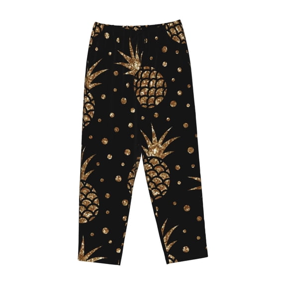 Lsque Gold Glitter Pineapples Print Women's Pajama Pants, Lounge Pant - Comfortable Home Wear,Elastic Waistband, Stylish Design-Medium