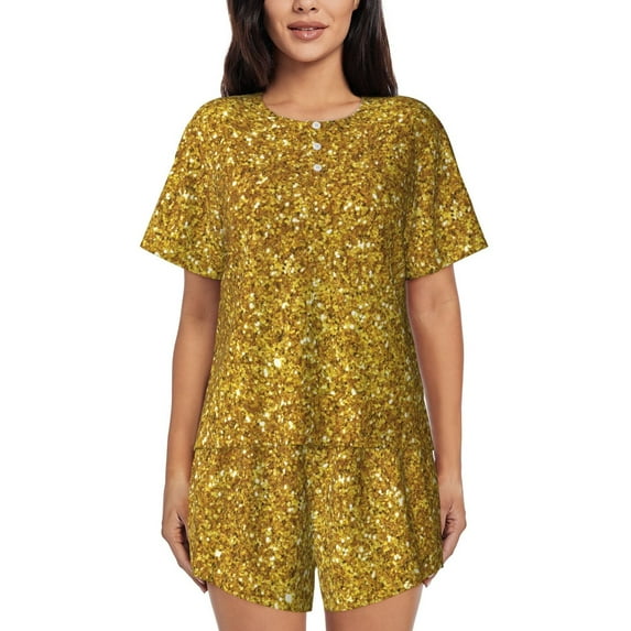 Lsque Gold Glitter Women's Short-Sleeved Pajama Set - 2 Piece Soft and Lightweight Sleepwear Set-Large