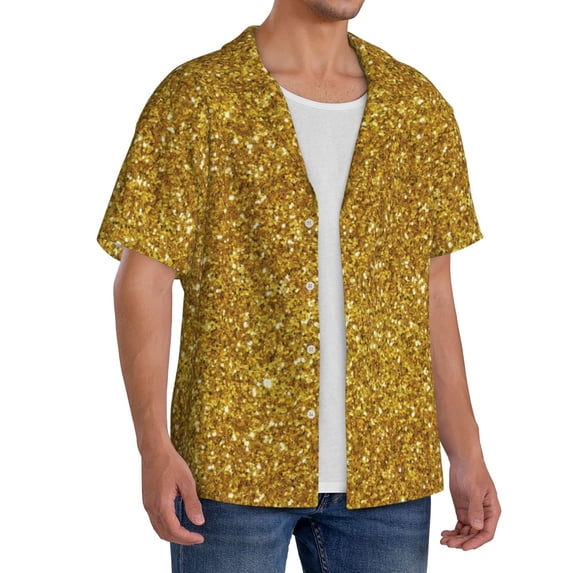 Lsque Gold Glitter print Men's Cuban Collar Short Sleeve Shirt Summer Beachwear Casual Button Down Fashionable Vacation Leisure Shirt-Medium