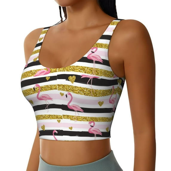 Lsque Gold Glittering Hearts and Flamingos Printed Women'S Sports Bra, Compression, Moisture Wicking, High-Impact Sports Bra For Women,Supportive sports bra-Small