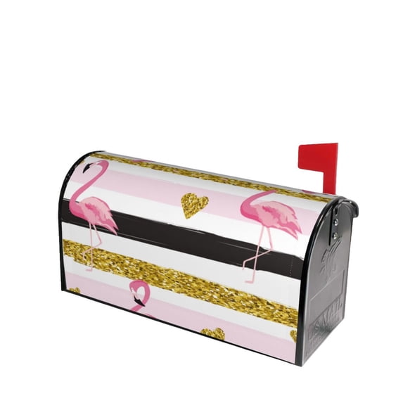 Lsque Gold Glittering Hearts and Flamingos Mailbox Cover Standard Size ,Magnetic Mailbox Covers Post Wraps Letter Box Cover -21x18 in