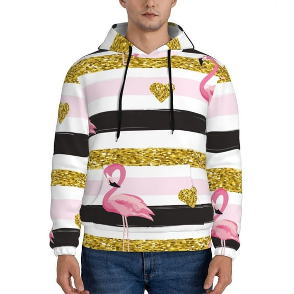 Lsque Gold Glittering Hearts and Flamingos Pattern Casual Men's Hoodie,Hooded Sweatshirt with Kangaroo Pocket,Pullover Hoodie-3X-Large