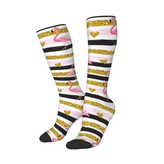 Lsque Gold Glittering Hearts and Flamingos Printed Crew Socks Men's Women's LightWeight Thin Casual Calf Socks ,Knee High Socks,Cotton Socks