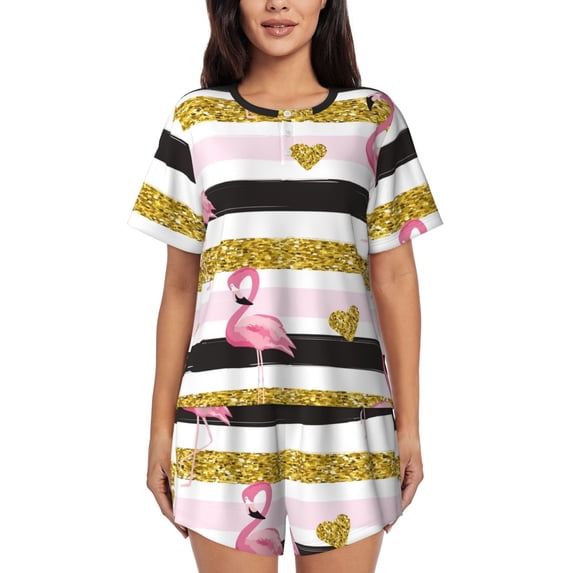Lsque Gold Glittering Hearts and Flamingos Women's Short-Sleeved Pajama Set - 2 Piece Soft and Lightweight Sleepwear Set-X-Large