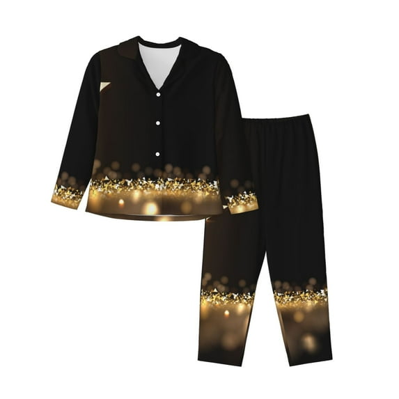 Lsque Gold Glittering Stars Pattern Long Sleeve Pajama Set for Women - Soft 2-Piece Sleepwear and Loungewear Set with Pockets, Comfy Nightwear-XX-Large