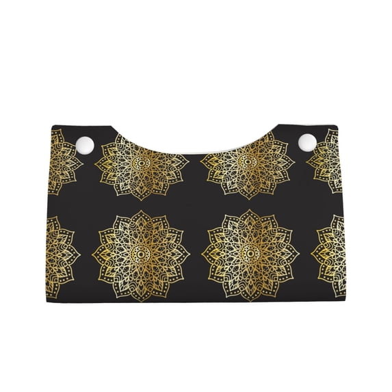 Lsque Gold Mandala Printed Long Tissue Box Cover Holder, Facial Paper Organizer Dispenser,Triangle with Bottom Belt, PVC Leather Decorative Organizer