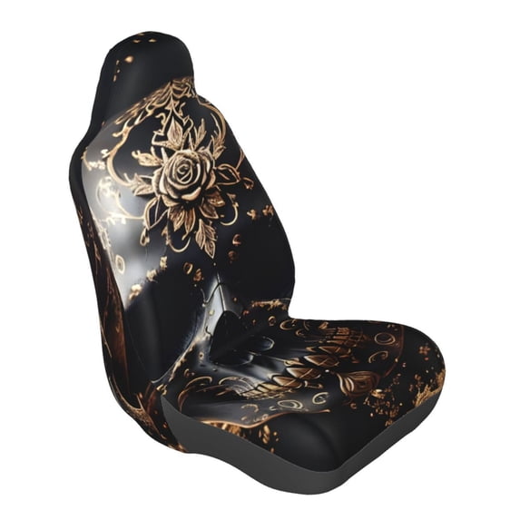 Lsque Gold Pattern Black Skull Pattern Car Seat Covers for Front Seats , Waterproof Seat Covers for Cars, Sporty Front Seat Covers,Car Seat Cover Protector Front Seats