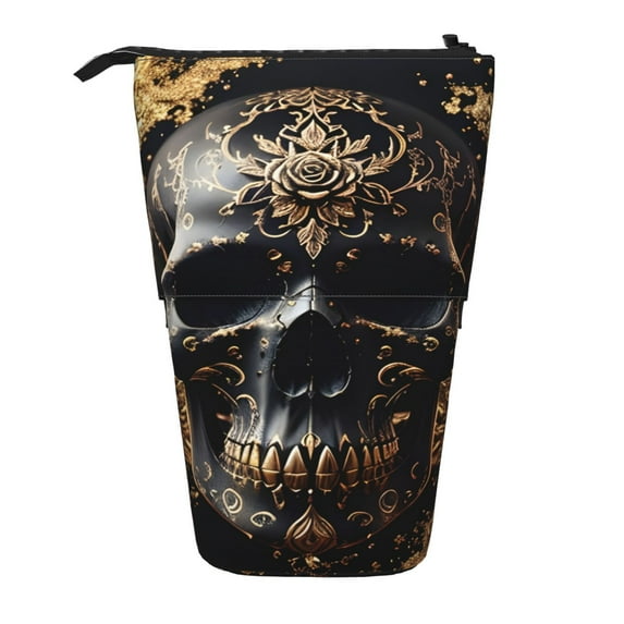 Lsque Gold Pattern Black Skull Pattern Telescopic Pencil Bag Pen Holder Stationery Case, Stand-up Retractable Transformer Bag Organizer