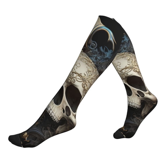 Lsque Gold Pattern Skull Pattern Sport Compression Socks for Men & Women 15-20 mmHg Knee High Nurse Pregnant Running Medical and Travel Athletic