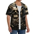 thumbnail image 1 of Lsque Gold Rose Skull print Men's Cuban Collar Short Sleeve Shirt Summer Beachwear Casual Button Down Fashionable Vacation Leisure Shirt-Large, 1 of 7