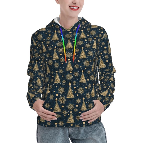 Lsque Gold Snowflake Christmas Tree Pattern Casual Women's Hoodie,Hooded Sweatshirt with Kangaroo Pocket,Pullover Hoodie with Eye-catching Drawstrings-X-Large
