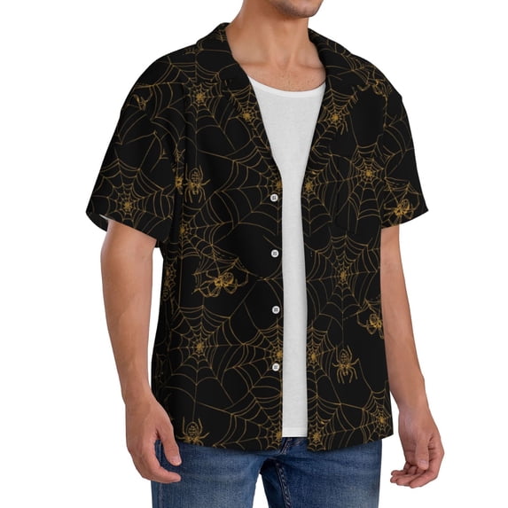 Lsque Gold Spiders And Cobwebs print Men's Cuban Collar Short Sleeve Shirt Summer Beachwear Casual Button Down Fashionable Vacation Leisure Shirt-4X-Large