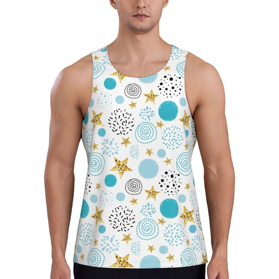 Lsque Gold Stars Blue Dots Pattern Pattern Mens Tank Tops Muscle Athletic Quick Dry Sleeveless Workout Fitness T Shirts Beach Tank Top, Loose-fit Sleeveless Shirt for Men-4X-Large