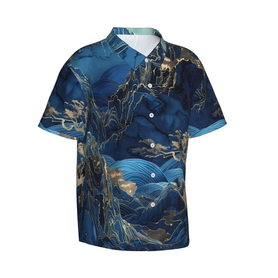 Lsque Golden Blue Mountains pattern Hawaiian Shirt for Men, Unisex Summer Beach Casual Short Sleeve Button Down Shirts-XX-Large