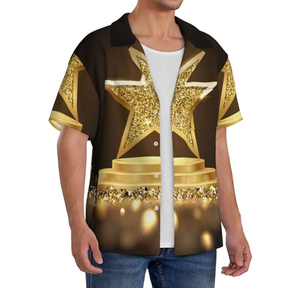 Lsque Golden Glitter And Light print Men's Cuban Collar Short Sleeve Shirt Summer Beachwear Casual Button Down Fashionable Vacation Leisure Shirt-3X-Large