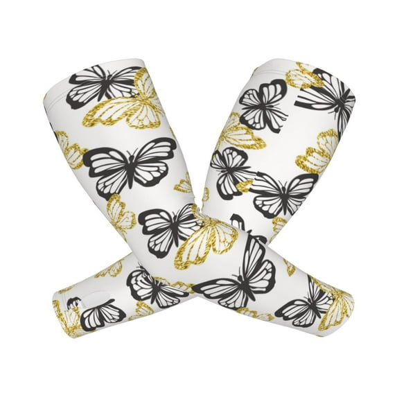 Lsque Golden Glitter Butterflies Cooling Arm Sleeves for Men & Women -Compression Sleeves to Cover Arms for Working,Sun Sleeves for UV Protection,Breathable, Moisture-Wicking