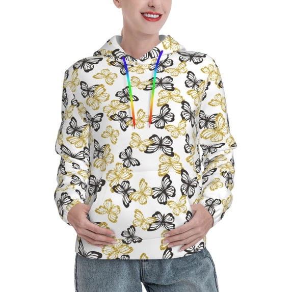 Lsque Golden Glitter Butterflies Pattern Casual Women's Hoodie,Hooded Sweatshirt with Kangaroo Pocket,Pullover Hoodie with Eye-catching Drawstrings-Medium
