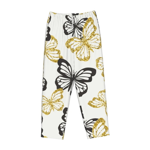 Lsque Golden Glitter Butterflies Print Women's Pajama Pants, Lounge Pant - Comfortable Home Wear,Elastic Waistband, Stylish Design-X-Large