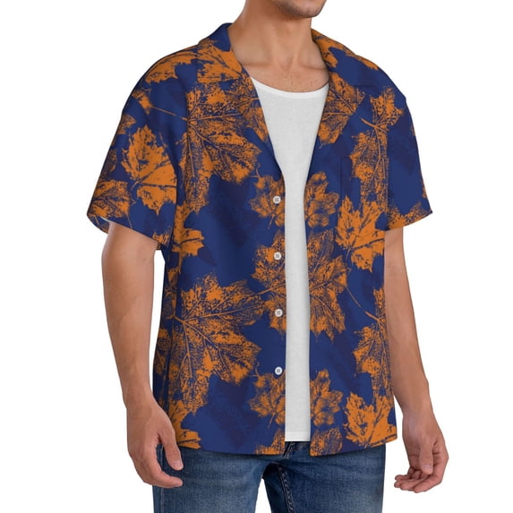 Lsque Golden Maple on Navy Blue print Men's Cuban Collar Short Sleeve Shirt Summer Beachwear Casual Button Down Fashionable Vacation Leisure Shirt-Medium