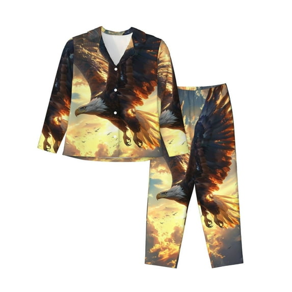 Lsque Golden Sky Bald Eagle Pattern Long Sleeve Pajama Set for Women - Soft 2-Piece Sleepwear and Loungewear Set with Pockets, Comfy Nightwear-XX-Large