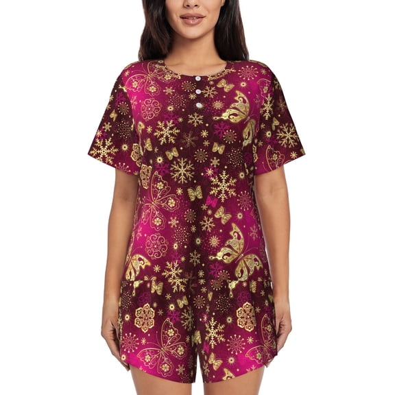 Lsque Golden Snowflakes And And Butterflies Women's Short-Sleeved Pajama Set - 2 Piece Soft and Lightweight Sleepwear Set-Medium