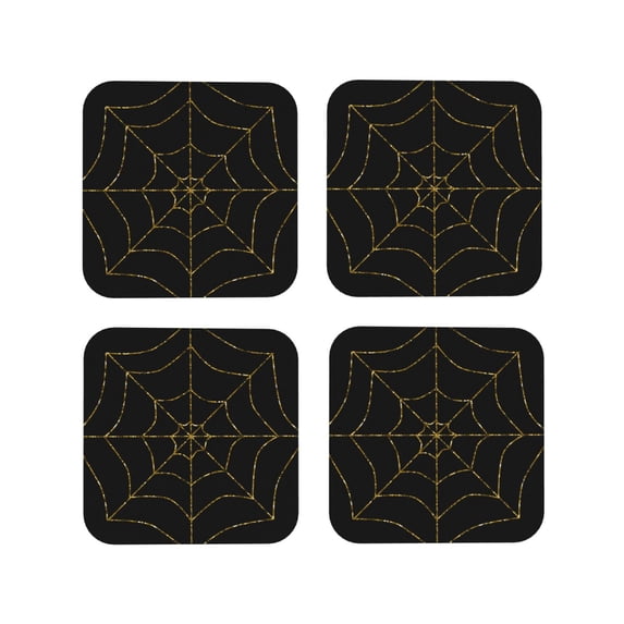 Lsque Golden Spider Web Pattern 4" Drink Coasters Set of 4, PVC Leather Absorbent Coasters, Table Coaster Set Decorative Coffee Cup Coasters Housewarming Gift -Square