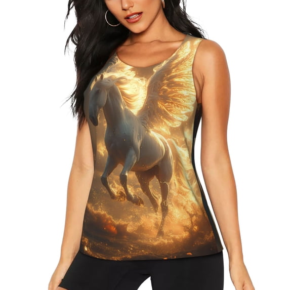 Lsque Golden Winged White Horse Printed Workout Tank Tops for Women, Athletic Sports Tank Tops, Compression Sleeveless Dry Fit Shirts,Sleeveless Yoga Shirt-Small