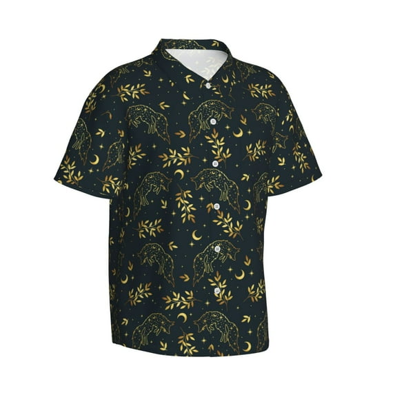 Lsque Golden line fox pattern Hawaiian Shirt for Men, Unisex Summer Beach Casual Short Sleeve Button Down Shirts-X-Large