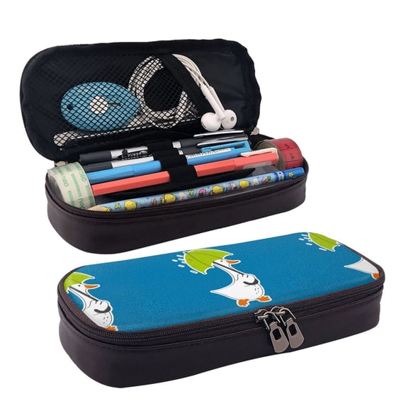 Lsque Goose Holding an Umbrella Printed Big Capacity PU Leather Pencil Case Large Pencil Pouch Stationery Pen Bag Pencil Holder for Teen