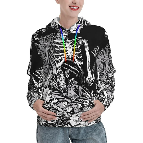 Lsque Gothic Skull Floral Art Pattern Casual Women's Hoodie,Hooded Sweatshirt with Kangaroo Pocket,Pullover Hoodie with Eye-catching Drawstrings-Small