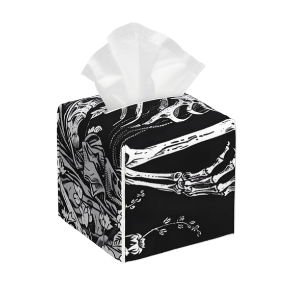Lsque Gothic Skull Floral Art Printed Tissue Box Cover Holder, Facial Paper Organizer Dispenser,Square with Bottom Belt, PVC Leather Decorative Organizer